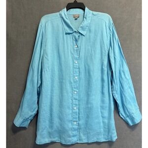 J. Jill 100% Linen Button Down Tunic Top Plus Size 2X Blue Coastal Beachy Resort